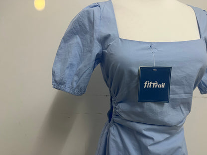 【fitTrail Light Blue Square Neck Ruched Dress】—— Feminine & Comfortable Daily Wear