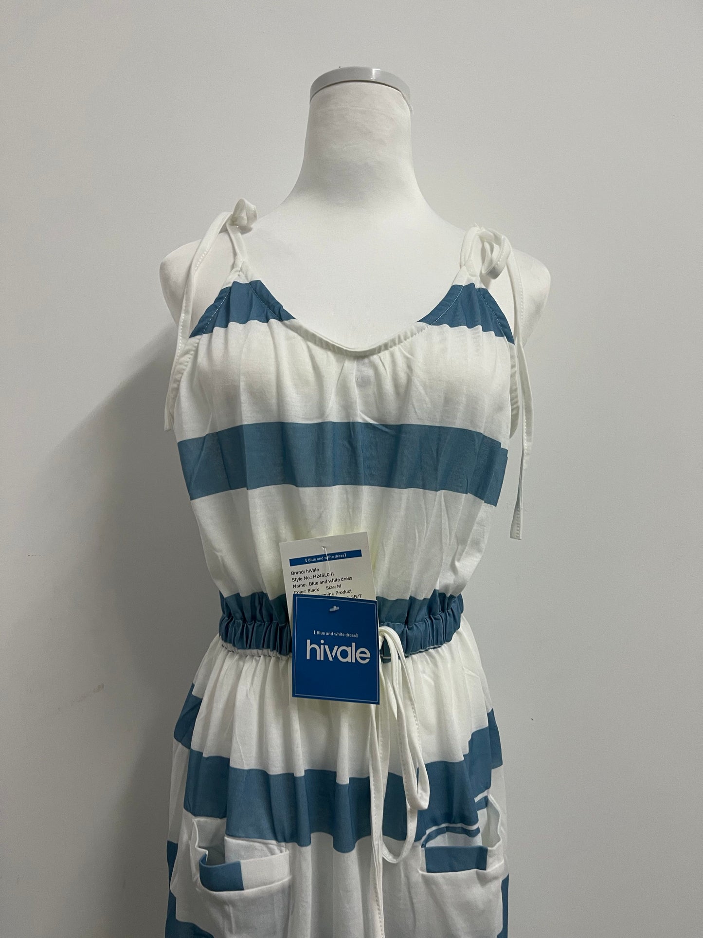 hiVale Women's Striped Spaghetti Strap Dress with Elastic Waist & Pockets