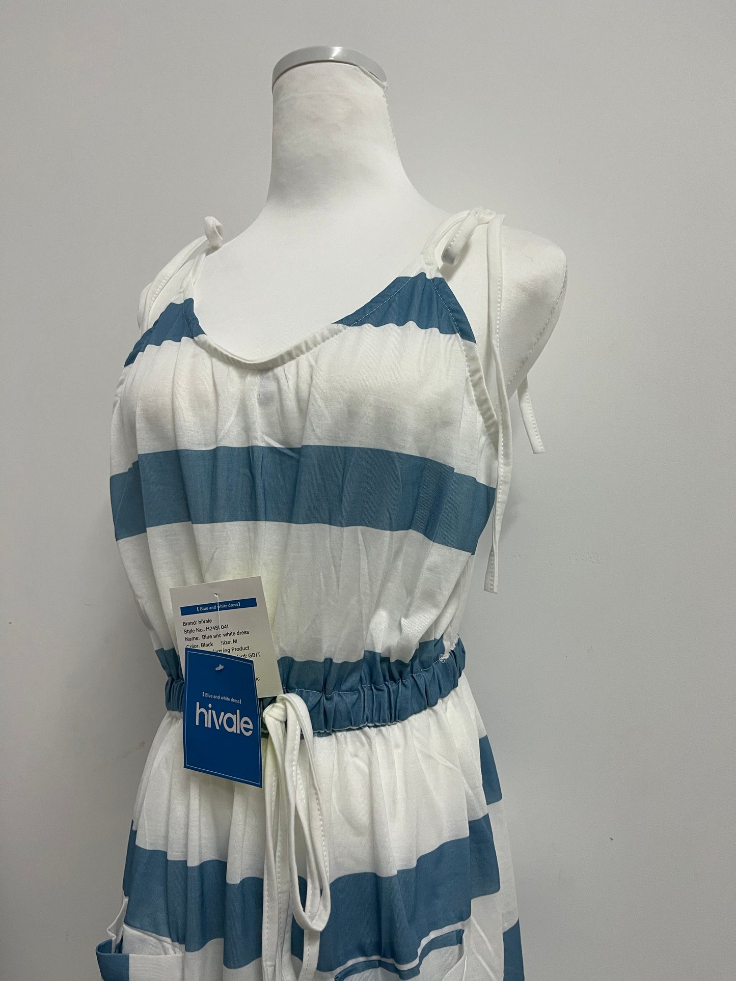 hiVale Women's Striped Spaghetti Strap Dress with Elastic Waist & Pockets
