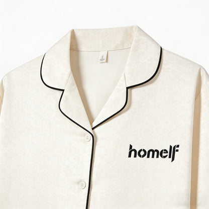 homelf Men's Luxury Jacquard Long Sleeve Sleepwear Top, Minimalist Contrast Trim Loungewear, Soft Skin-Friendly Wearable Outside Pajama Shirt, Cream White
