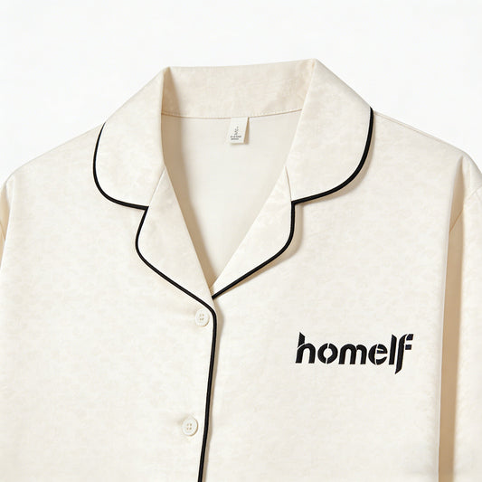 homelf Men's Luxury Jacquard Long Sleeve Sleepwear Top, Minimalist Contrast Trim Loungewear, Soft Skin-Friendly Wearable Outside Pajama Shirt, Cream White