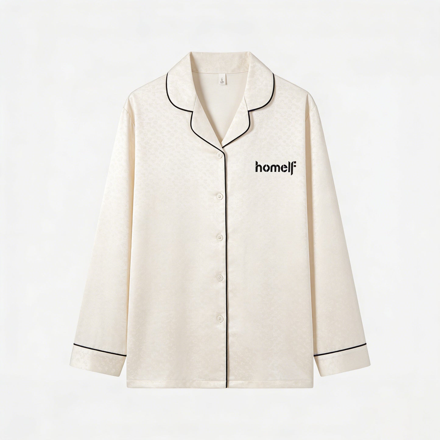 homelf Men's Luxury Jacquard Long Sleeve Sleepwear Top, Minimalist Contrast Trim Loungewear, Soft Skin-Friendly Wearable Outside Pajama Shirt, Cream White
