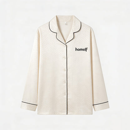 homelf Men's Luxury Jacquard Long Sleeve Sleepwear Top, Minimalist Contrast Trim Loungewear, Soft Skin-Friendly Wearable Outside Pajama Shirt, Cream White