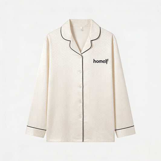 homelf Men's Luxury Jacquard Long Sleeve Sleepwear Top, Minimalist Contrast Trim Loungewear, Soft Skin-Friendly Wearable Outside Pajama Shirt, Cream White