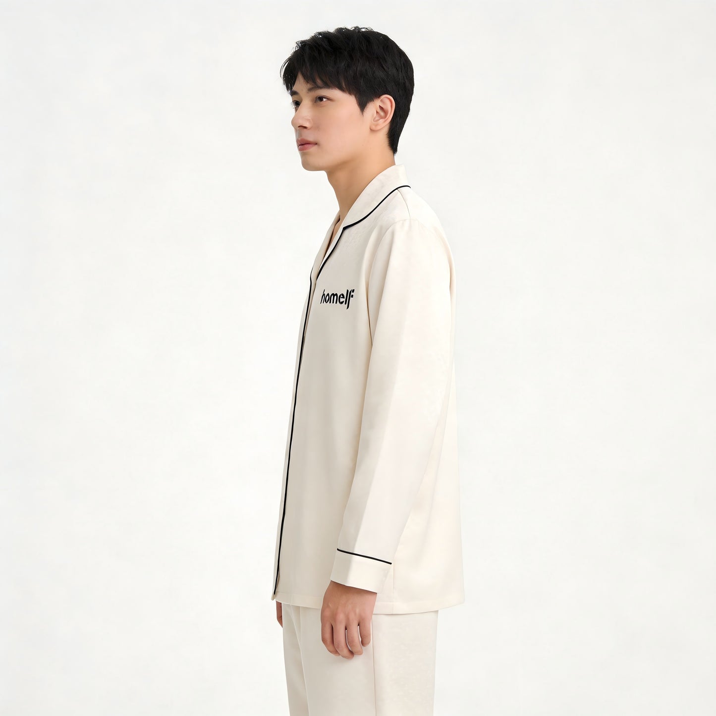 homelf Men's Luxury Jacquard Long Sleeve Sleepwear Top, Minimalist Contrast Trim Loungewear, Soft Skin-Friendly Wearable Outside Pajama Shirt, Cream White