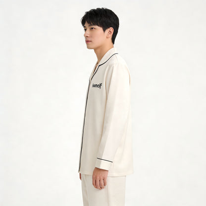 homelf Men's Luxury Jacquard Long Sleeve Sleepwear Top, Minimalist Contrast Trim Loungewear, Soft Skin-Friendly Wearable Outside Pajama Shirt, Cream White