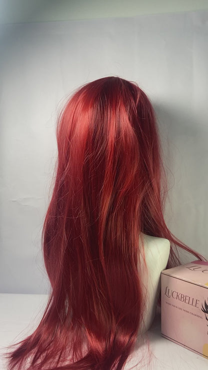 LUCKBELLE Long Straight Wig, Black and Purple, Gradient Pink,Omber Coral Red,Brown-gray Gradient Hair Wig with Bangs,Wine red
