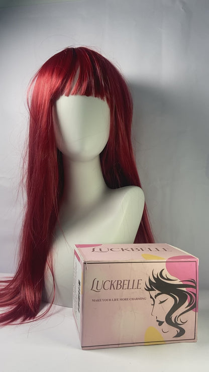 LUCKBELLE Long Straight Wig, Black and Purple, Gradient Pink,Omber Coral Red,Brown-gray Gradient Hair Wig with Bangs,Wine red