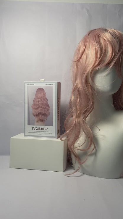 IVOBABY 80cm Long Curly Natural Hair Cosplay Wig with Bangs Colorful Halloween Costume Party Wigs for Women (Pink)