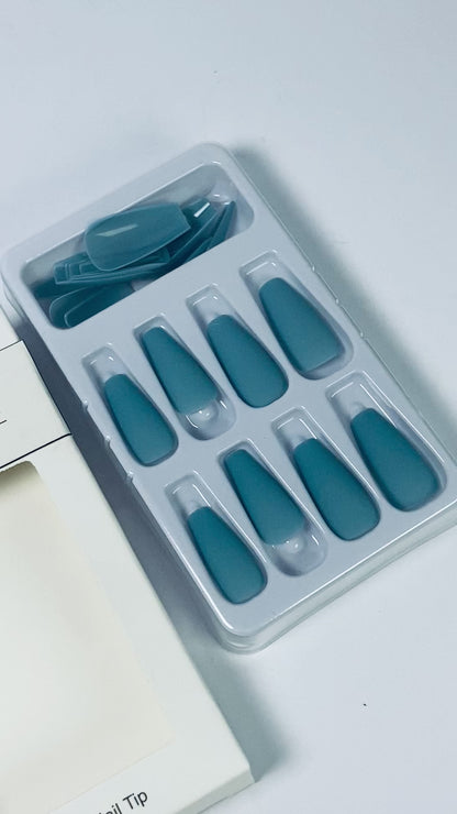 IVOHONEY Press on Nails Medium, Blue Almond Matte Handmade Fake Nails Reusable, Fit Perfectly Glue On Nails in 12 Sizes - 24 Pcs Soft Gel Almond Nails Kit for Women Girls, Easy for Home DIY Manicure