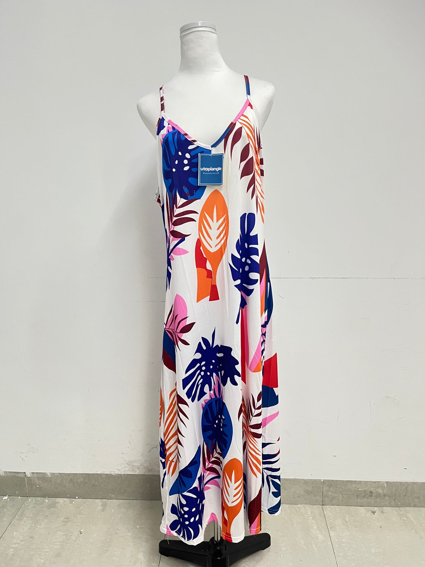 utopiangle Dresses Tropical Plant Printed Slip Maxi Dress Vacation Style Comfortable & Skin-Friendly Eye-Catching Item for Summer Outfits
