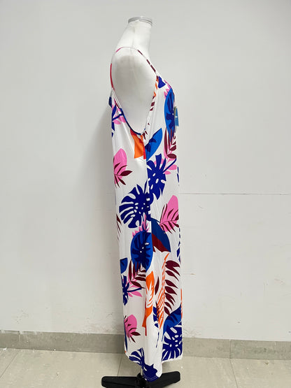 utopiangle Dresses Tropical Plant Printed Slip Maxi Dress Vacation Style Comfortable & Skin-Friendly Eye-Catching Item for Summer Outfits