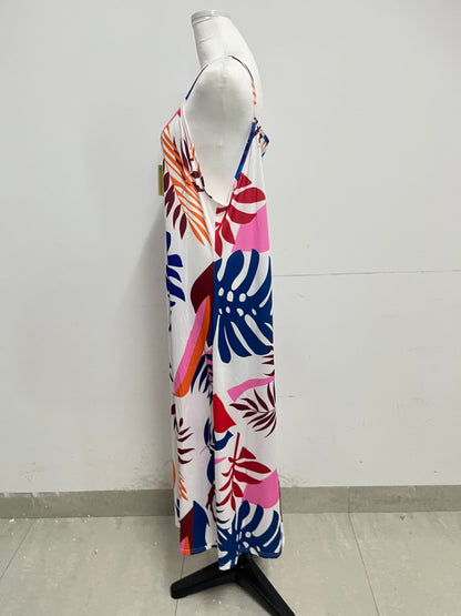 utopiangle Dresses Tropical Plant Printed Slip Maxi Dress Vacation Style Comfortable & Skin-Friendly Eye-Catching Item for Summer Outfits