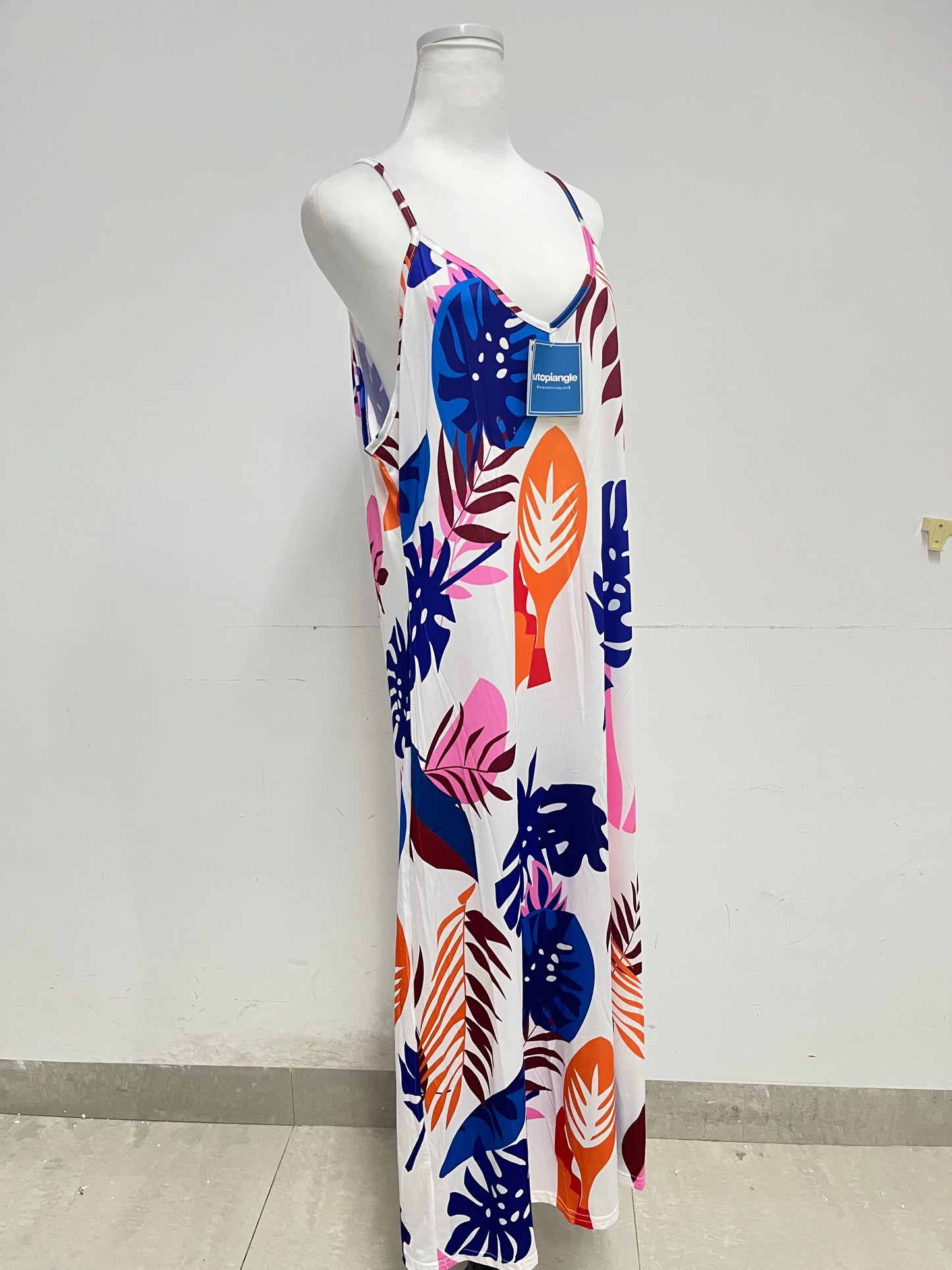 utopiangle Dresses Tropical Plant Printed Slip Maxi Dress Vacation Style Comfortable & Skin-Friendly Eye-Catching Item for Summer Outfits