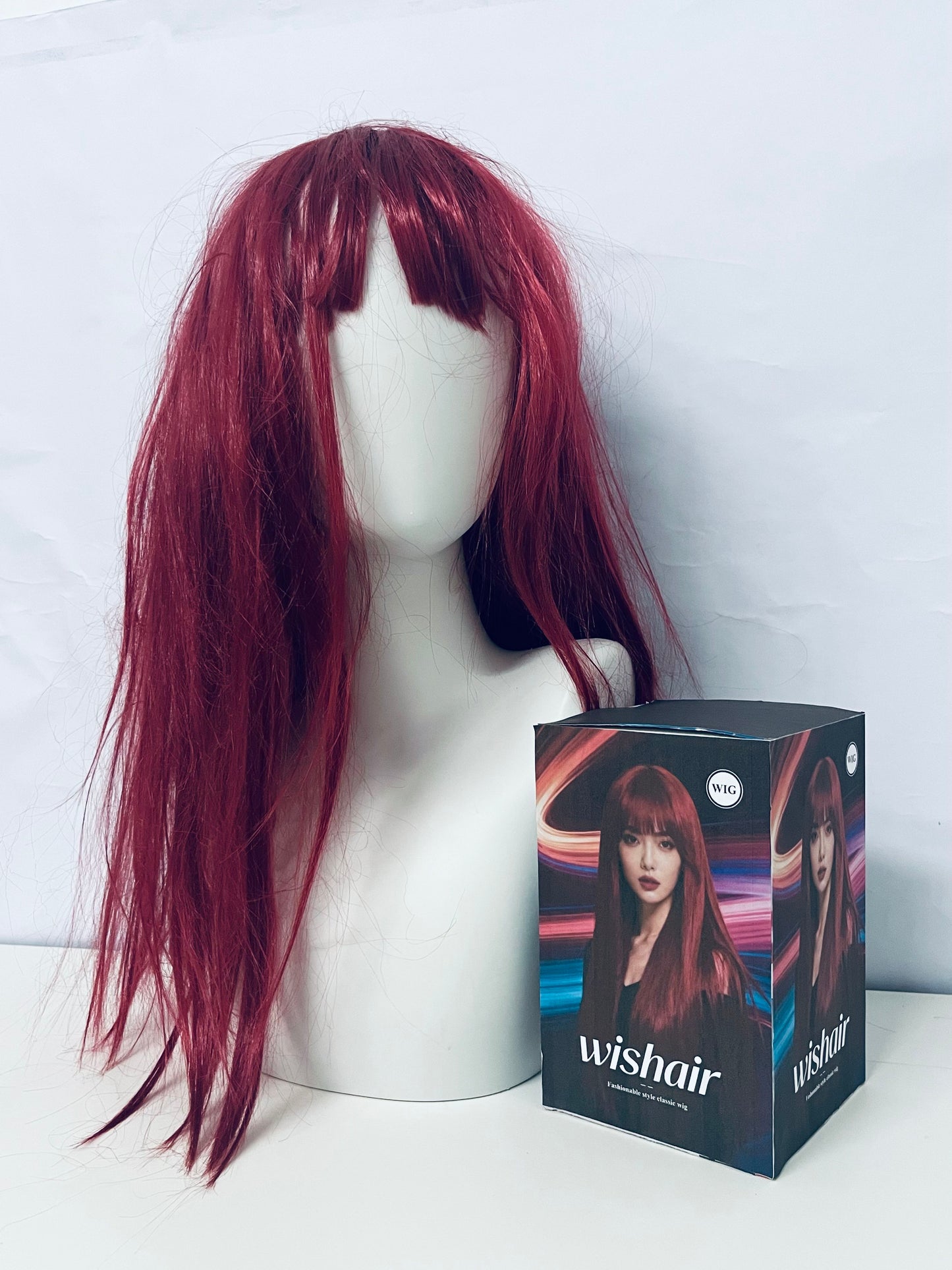 wishair Long Straight Wig - Vibrant Burgundy with Full Bangs for Natural Looks