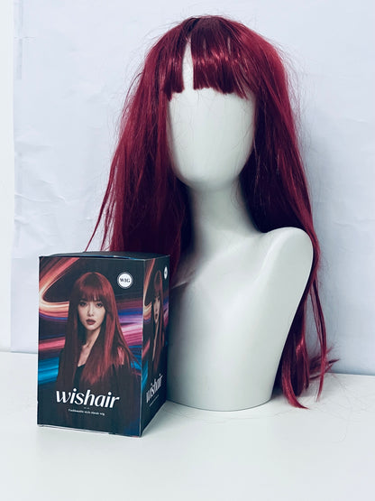 wishair Long Straight Wig - Vibrant Burgundy with Full Bangs for Natural Looks