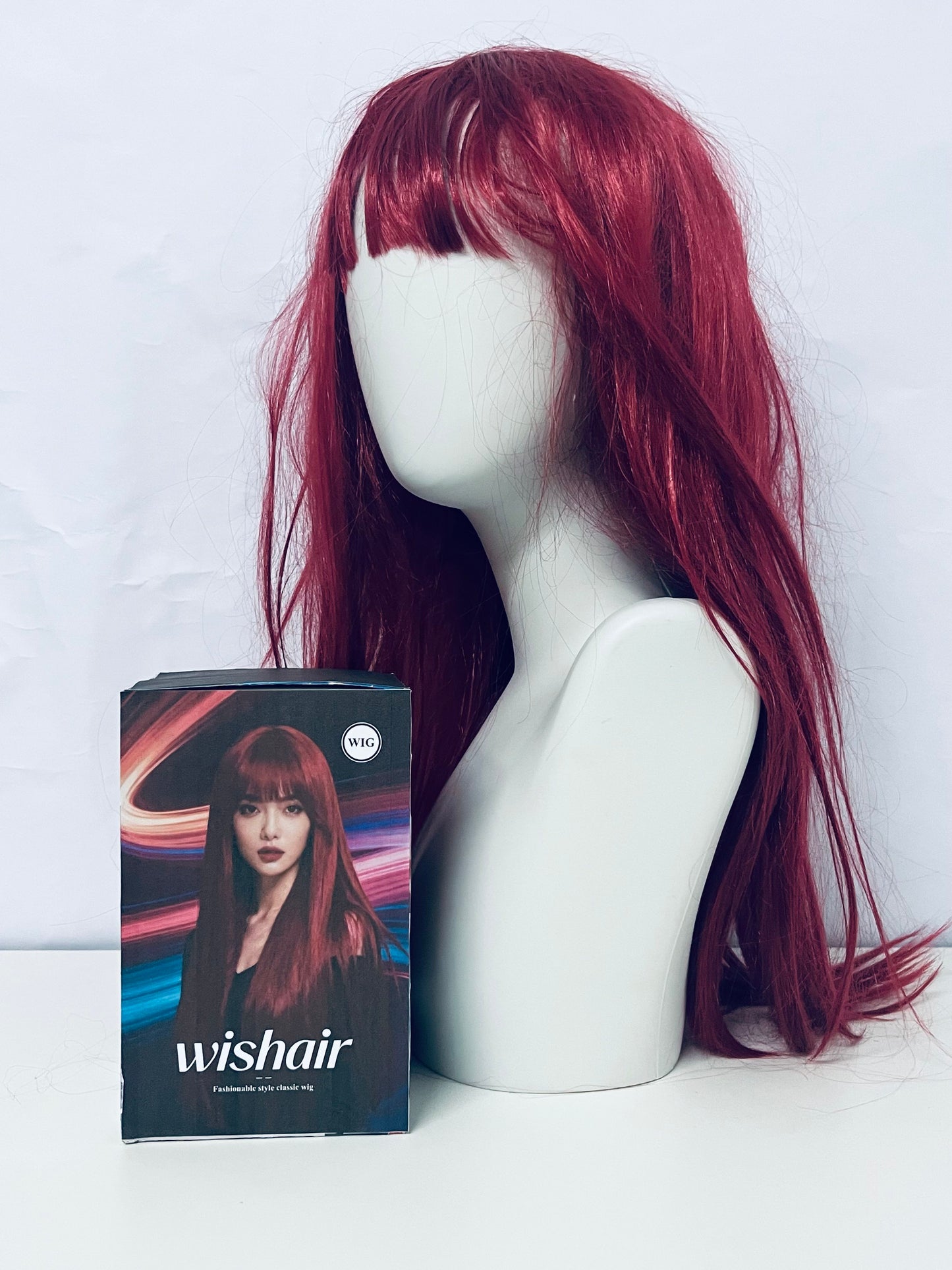 wishair Long Straight Wig - Vibrant Burgundy with Full Bangs for Natural Looks