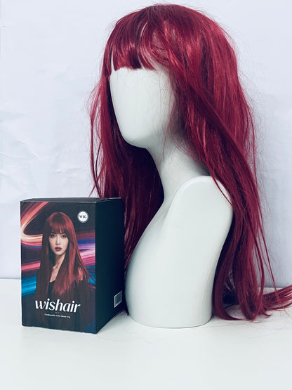 wishair Long Straight Wig - Vibrant Burgundy with Full Bangs for Natural Looks