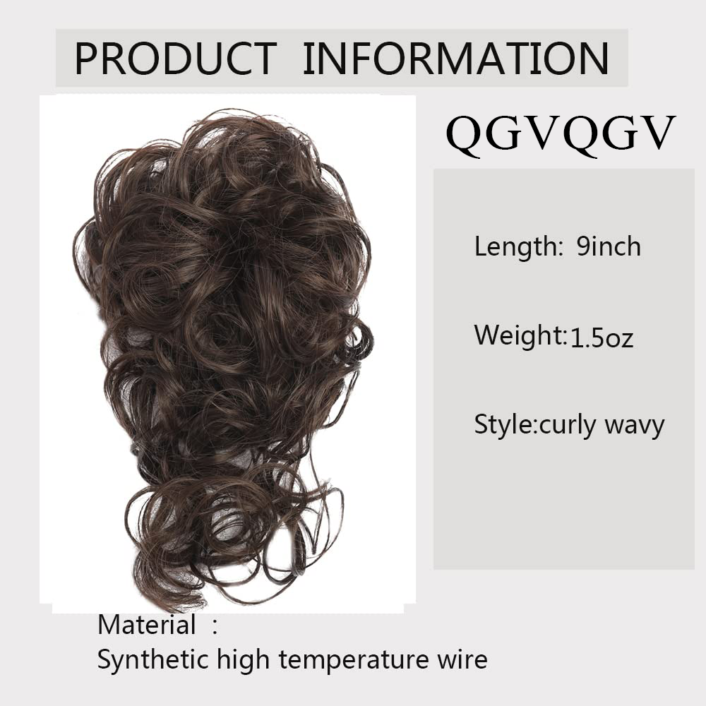 QGVQGV False hair Messy Bun Hair Piece, Updo Super Long Tousled Extensions Bun Curly Wavy Ponytail Hairpieces Hair Scrunchies with Elastic Rubber Band Synthetic Chignon hair extension for Women Girls , women's hair piece(Chocolate Brown#)