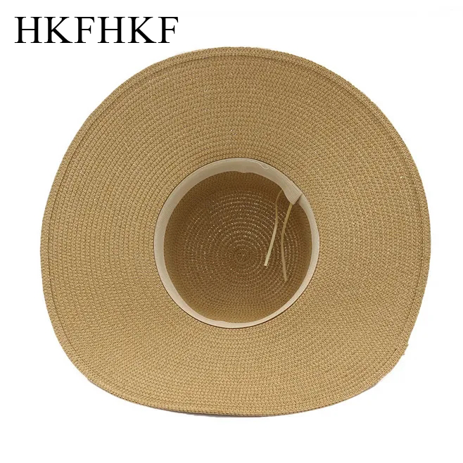 HKFHKF Womens Wide Brim Straw Panama Hat Fedora Summer Beach Sun Hat