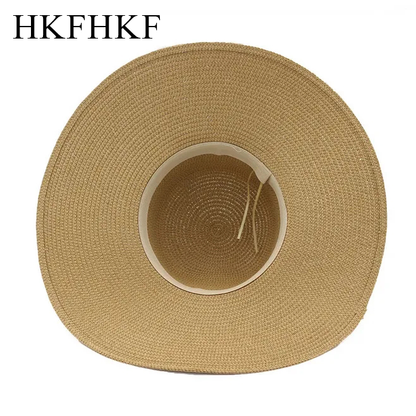 HKFHKF Womens Wide Brim Straw Panama Hat Fedora Summer Beach Sun Hat