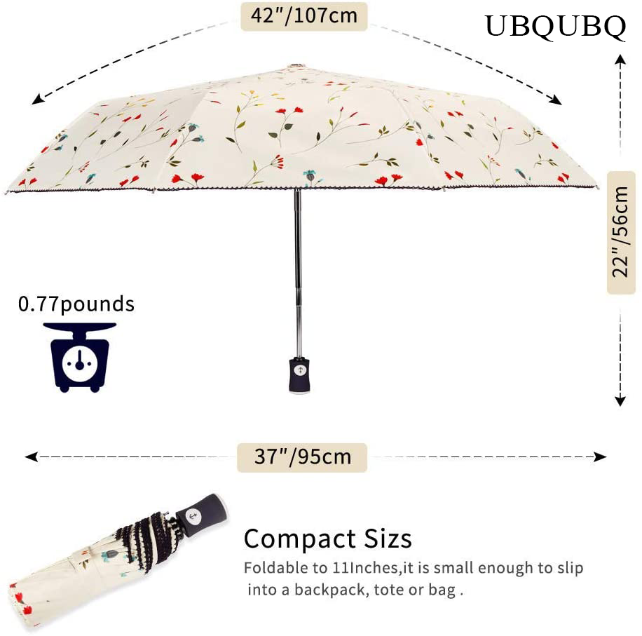 UBQUBQ Umbrellas and parasols UV Sun Umbrella Compact Folding Travel Umbrella Auto Open and Close for Windproof, Rainproof & 99.98% UV Protection Parasol with Black Anti-UV Coating（Malus spectabilis）
