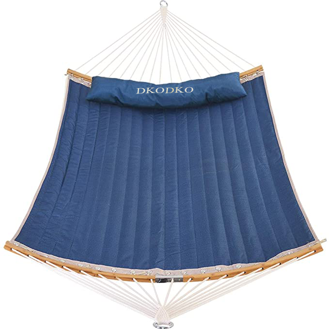 DKODKO 11 Feet Quilted Fabric Hammock with Curved-Bar Bamboo and Detachable Pillow, Double Hammock Perfect forOutside Outdoor Patio Yard Beach, Dark Blue