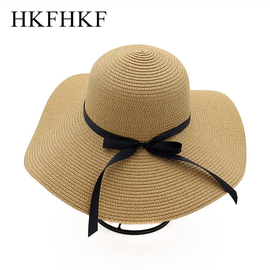HKFHKF Womens Wide Brim Straw Panama Hat Fedora Summer Beach Sun Hat