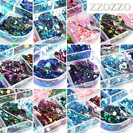 ZZOZZO 12 Colors Chameleon Nail Art Sequins 3D Nail Glitter Flakes Laser Gradient Nail Art Design Holographic Nail Glitters Powder for Women Girls Manicure Tips Charms Decoration DIY Nails Supplies