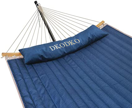DKODKO 11 Feet Quilted Fabric Hammock with Curved-Bar Bamboo and Detachable Pillow, Double Hammock Perfect forOutside Outdoor Patio Yard Beach, Dark Blue