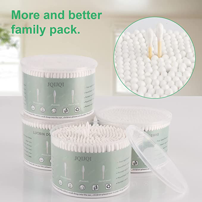 JQIJQI Cotton Swabs for medical use 2000 Count, Double Round, Pointed Natural Cotton Buds with Strong Wooden Sticks Biodegradable Organic Cotton Swab for Ears with Storage Box