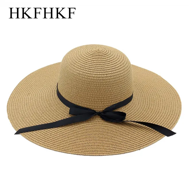 HKFHKF Womens Wide Brim Straw Panama Hat Fedora Summer Beach Sun Hat