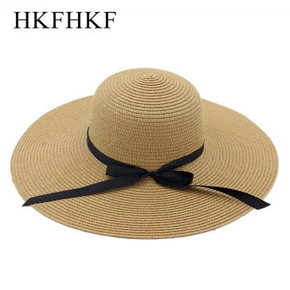 HKFHKF Womens Wide Brim Straw Panama Hat Fedora Summer Beach Sun Hat