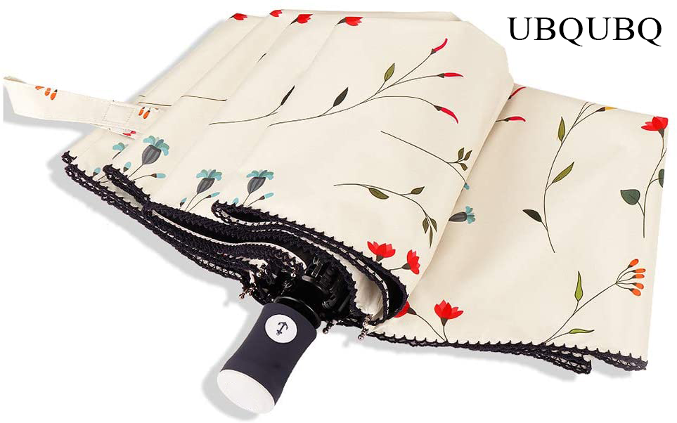 UBQUBQ Umbrellas and parasols UV Sun Umbrella Compact Folding Travel Umbrella Auto Open and Close for Windproof, Rainproof & 99.98% UV Protection Parasol with Black Anti-UV Coating（Malus spectabilis）