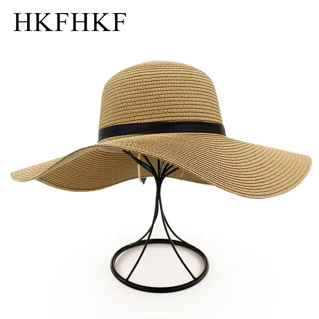 HKFHKF Womens Wide Brim Straw Panama Hat Fedora Summer Beach Sun Hat