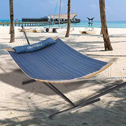 DKODKO 11 Feet Quilted Fabric Hammock with Curved-Bar Bamboo and Detachable Pillow, Double Hammock Perfect forOutside Outdoor Patio Yard Beach, Dark Blue