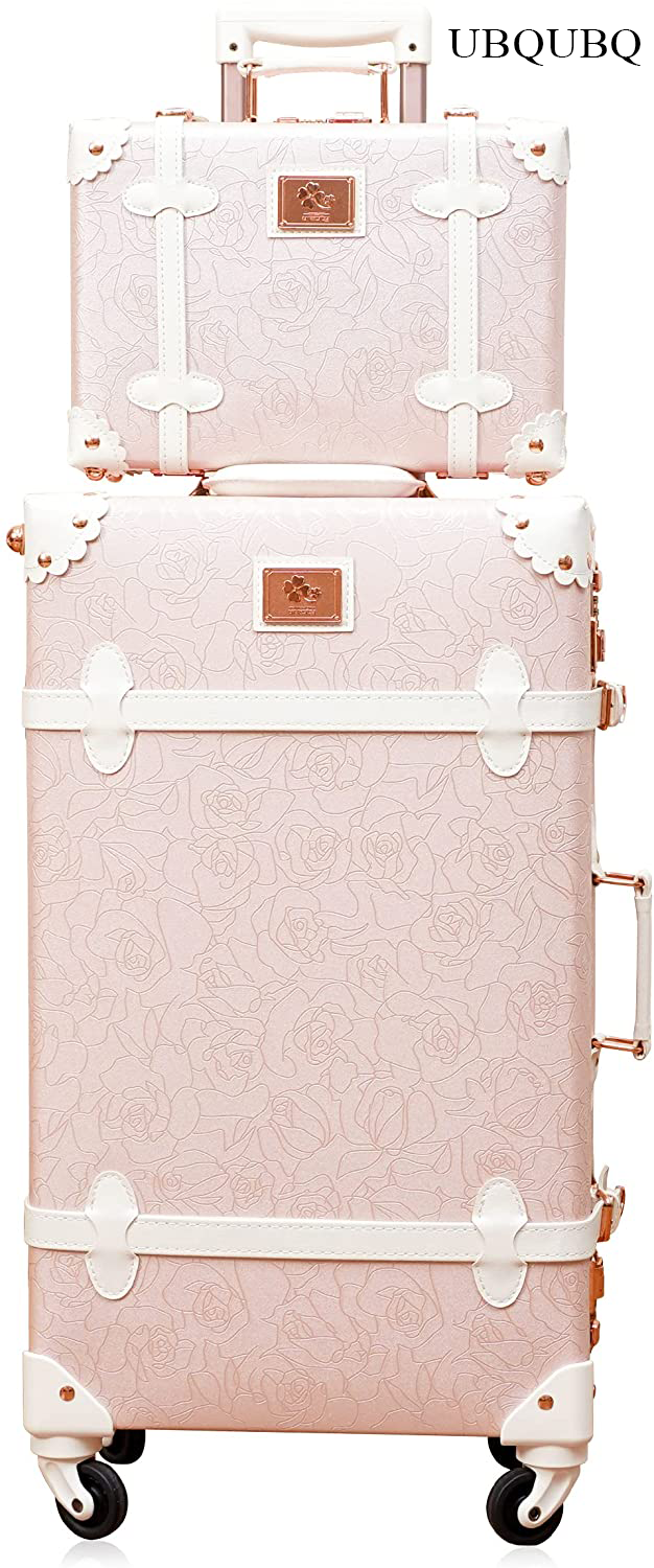 UBQUBQ Travelling trunks Designer Vintage Trunk Combination Luggage Sets of 2 Piece, Hard Shell Retro Travel Suitcase with Wheels (Rose White, 20"+12")