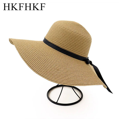HKFHKF Womens Wide Brim Straw Panama Hat Fedora Summer Beach Sun Hat
