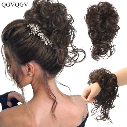 QGVQGV False hair Messy Bun Hair Piece, Updo Super Long Tousled Extensions Bun Curly Wavy Ponytail Hairpieces Hair Scrunchies with Elastic Rubber Band Synthetic Chignon hair extension for Women Girls , women's hair piece(Chocolate Brown#)
