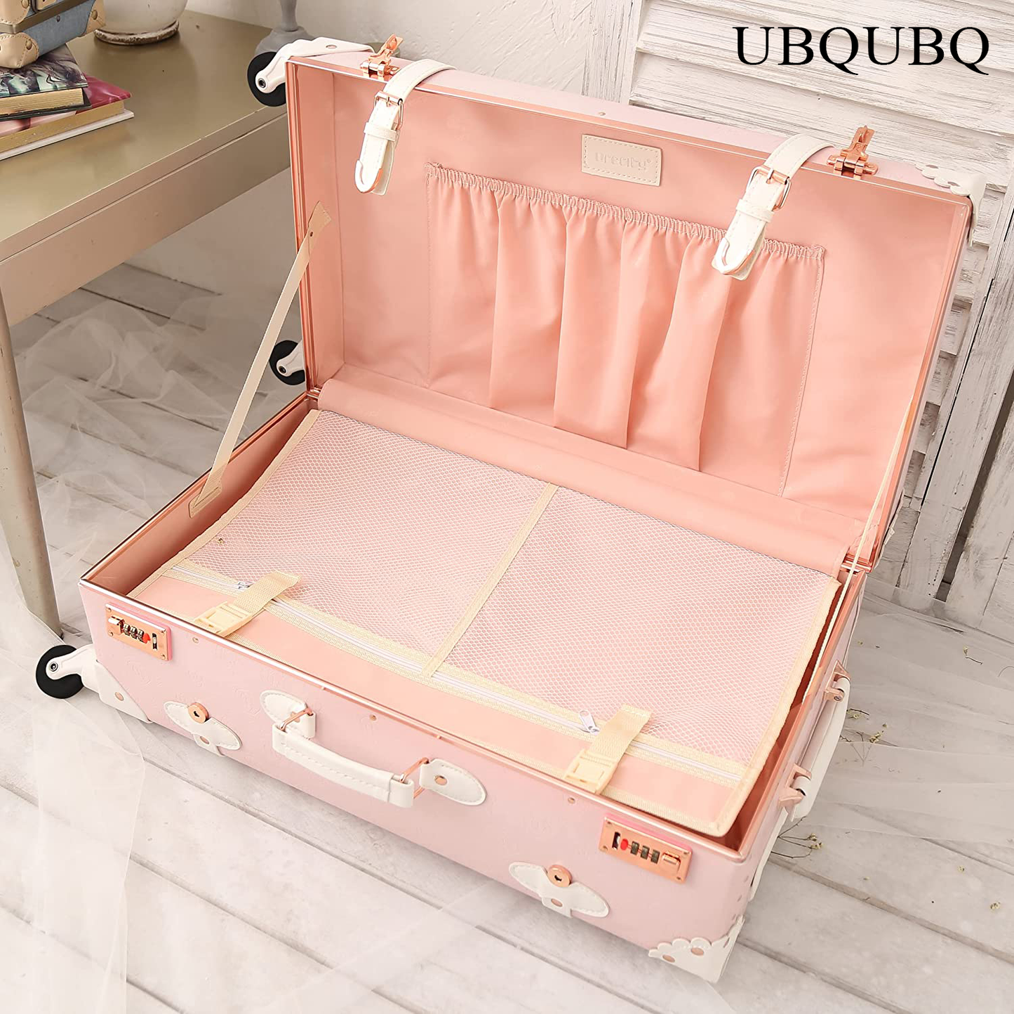 UBQUBQ Travelling trunks Designer Vintage Trunk Combination Luggage Sets of 2 Piece, Hard Shell Retro Travel Suitcase with Wheels (Rose White, 20"+12")