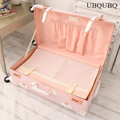 UBQUBQ Travelling trunks Designer Vintage Trunk Combination Luggage Sets of 2 Piece, Hard Shell Retro Travel Suitcase with Wheels (Rose White, 20"+12")