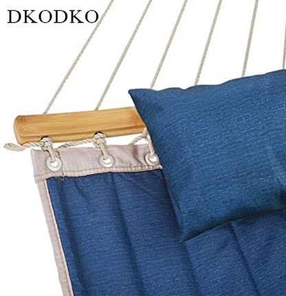DKODKO 11 Feet Quilted Fabric Hammock with Curved-Bar Bamboo and Detachable Pillow, Double Hammock Perfect forOutside Outdoor Patio Yard Beach, Dark Blue