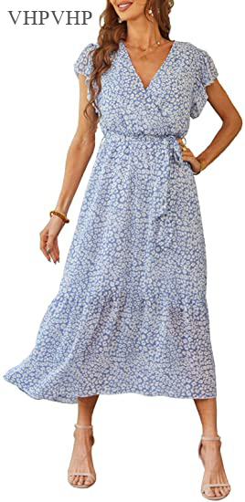 VHPVHP Women's Floral Summer Dresses V-Neck Short Sleeve Belt Pleated Hem A-Line Boho Maxi Dress