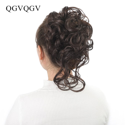 QGVQGV False hair Messy Bun Hair Piece, Updo Super Long Tousled Extensions Bun Curly Wavy Ponytail Hairpieces Hair Scrunchies with Elastic Rubber Band Synthetic Chignon hair extension for Women Girls , women's hair piece(Chocolate Brown#)