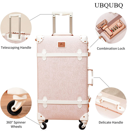 UBQUBQ Travelling trunks Designer Vintage Trunk Combination Luggage Sets of 2 Piece, Hard Shell Retro Travel Suitcase with Wheels (Rose White, 20"+12")