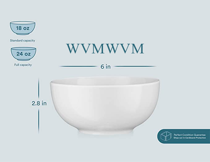 By WVMWVM, Ceramic Make From bowls, Holds 24 Oz, perfect for cereal, desserts, salads, oatmeal, Set of 6, White.