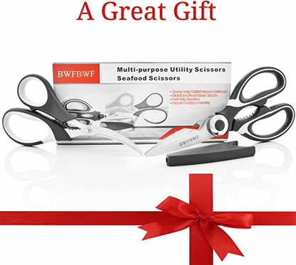 Kitchen Shears by BWFBWF - Lifetime Replacement Warranty- Includes Seafood Scissors As a Bonus - Heavy Duty Stainless Steel Multipurpose Ultra Sharp Utility Scissors