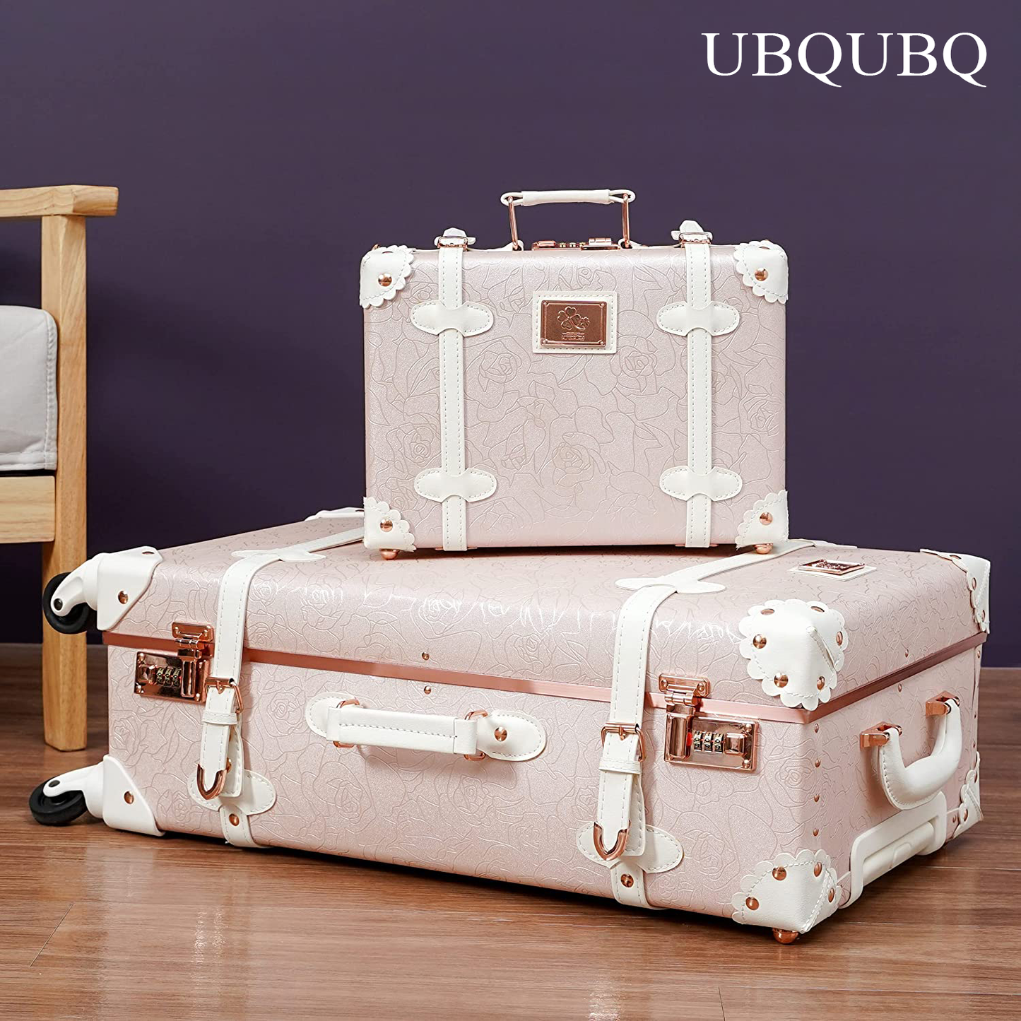 UBQUBQ Travelling trunks Designer Vintage Trunk Combination Luggage Sets of 2 Piece, Hard Shell Retro Travel Suitcase with Wheels (Rose White, 20"+12")