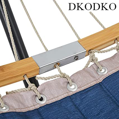 DKODKO 11 Feet Quilted Fabric Hammock with Curved-Bar Bamboo and Detachable Pillow, Double Hammock Perfect forOutside Outdoor Patio Yard Beach, Dark Blue