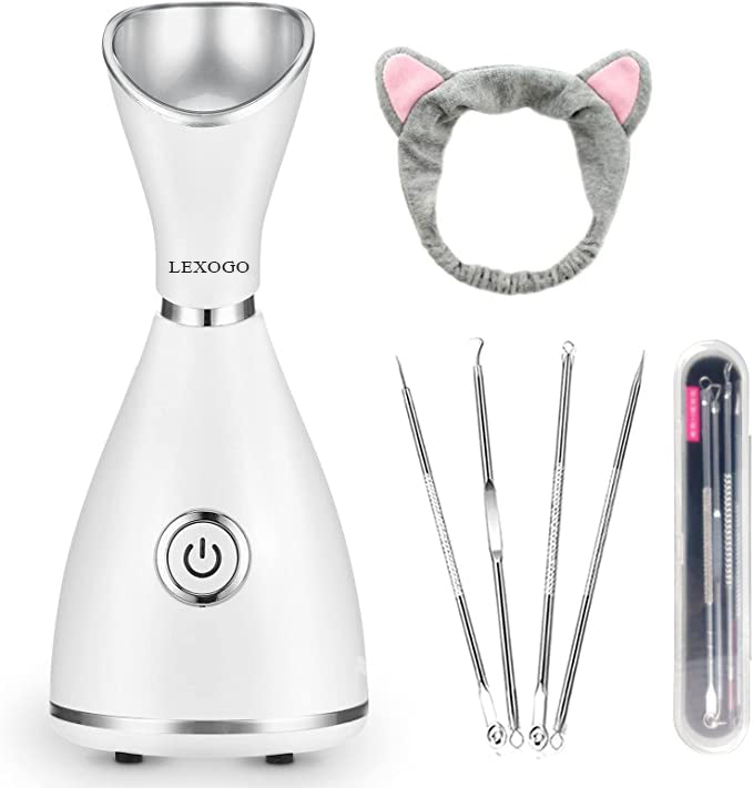 LEXOGO Steam Facial Apparatus,  10X Penetration 70ML Nano Ionic Steam Facial Apparatus Warm Mist Face Steamer for Women Moisturizing Cleansing Pores, with 4 Pieces Blackhead Remover Kit and Hair Band